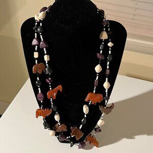 Fun necklace with wooden animal beads, double strand, 24" long